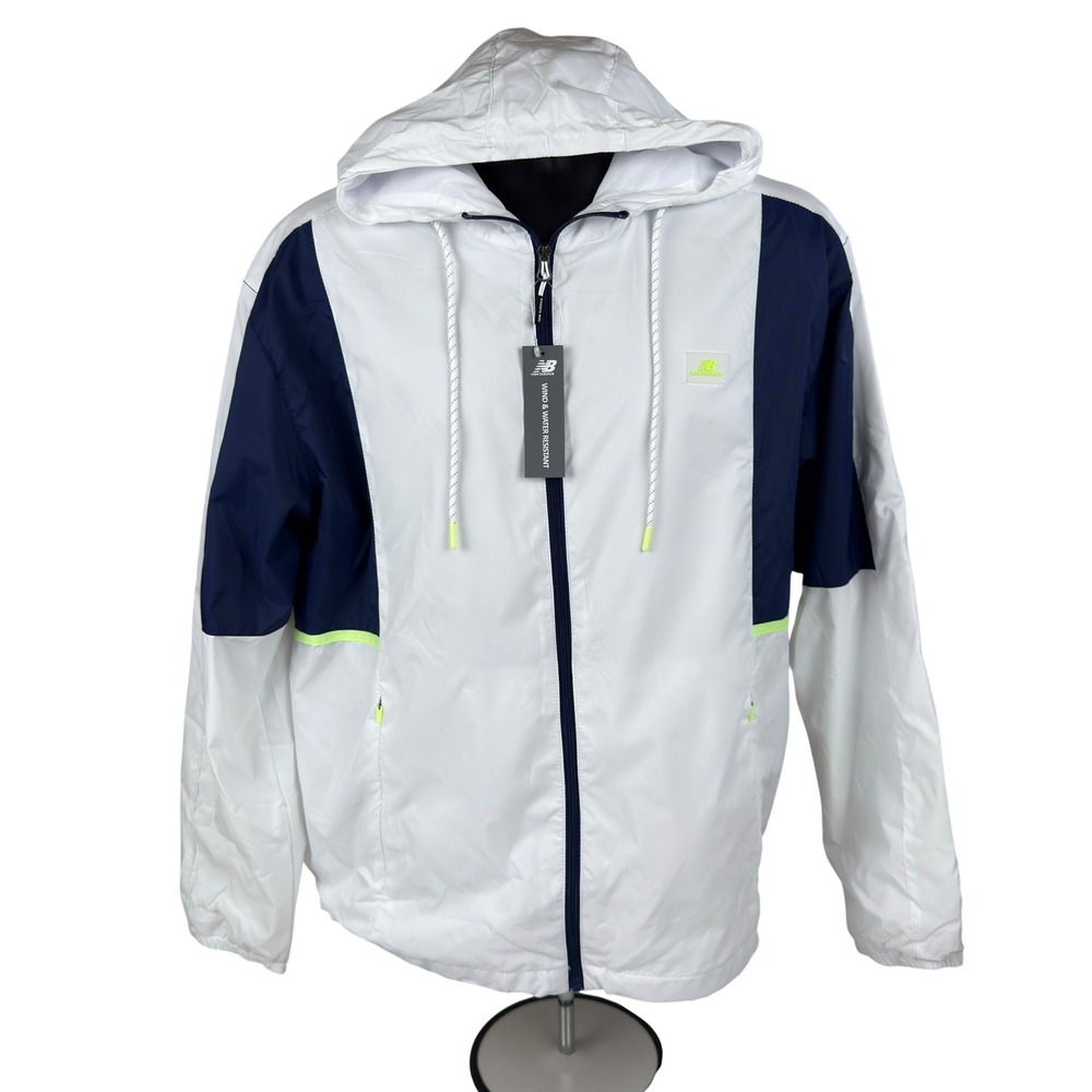 New Balance Mens Wind Water Resist Jacket White Blue Hooded Full Zip Large NWT